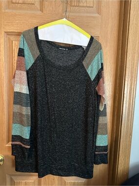 Pink Clover Black Tunic with Striped Multi-Color Raglan Sleeves